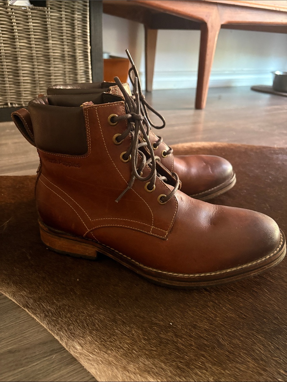 HUSH PUPPIES - Brown Leather Lace-Up Work Boots